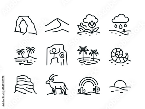 Desert Wonders Icon Set. Desert wonders. Line icon set of Desert