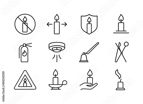 Candle Safety Icons. Candle safety. Line icon set of candle safe
