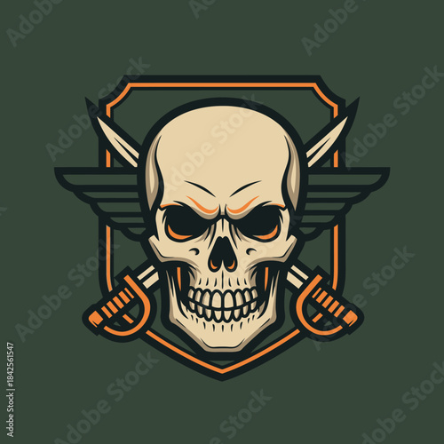 Skull with swords vector graphic logo for a military or tactical gaming theme illustration