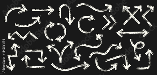 White Crayon and Chalk Doodle Arrows Collection - Rough Hand Drawn Texture Signs, Hand drawn Arrows Collection