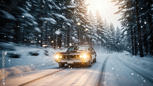 Classic car navigating snowy forest road at sunrise in winter wonderland scene