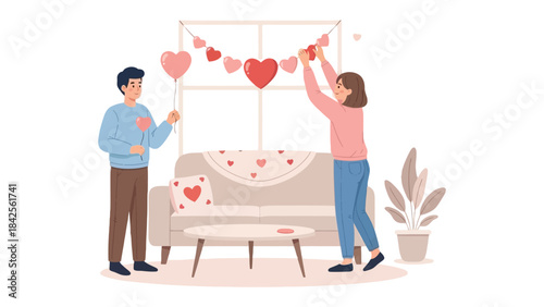 Love in the Air: A couple decorates a cozy living room for a romantic occasion, filled with hearts, balloons and love decorations. 