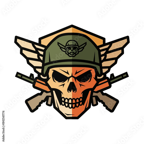 Stylized military skull emblem with winged shield and crossed assault rifles imagery