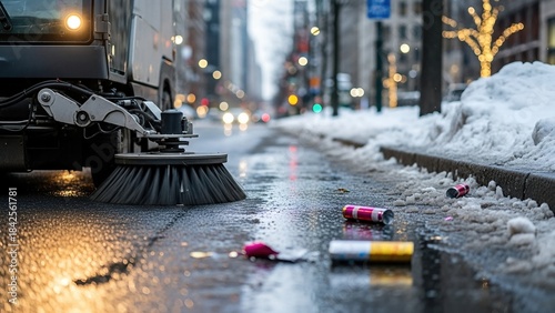 Street cleaning machine clearing litter and snow on city road at dusk