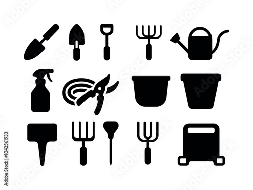 Black Gardening Icons. Outdoor gardening tools. Solid icon set o