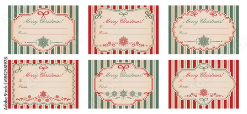 A set of blank retro templates for personalized Christmas gift tags and stickers. Vintage frames on a striped background, snowflakes, and bows. Red and green colors. "From and to" design. Vector illus