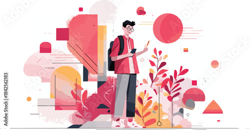Young person with smartphone amidst abstract shapes and foliage