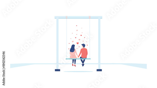 Serene Swing of Love: A couple, hand in hand, shares a tranquil moment on a swing, surrounded by a gentle shower of hearts, a testament to the purity of their affection.