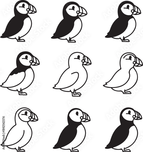 Collection of Black and White Puffin Bird Illustrations