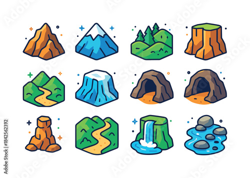 Isometric Mountain Icons. Mountain Landscapes. Colorful isometri