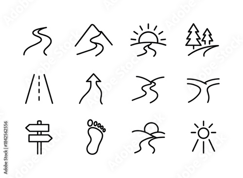 Sunny Trails Icons. Sunny Trails. Line icon set of Sunny Trails: