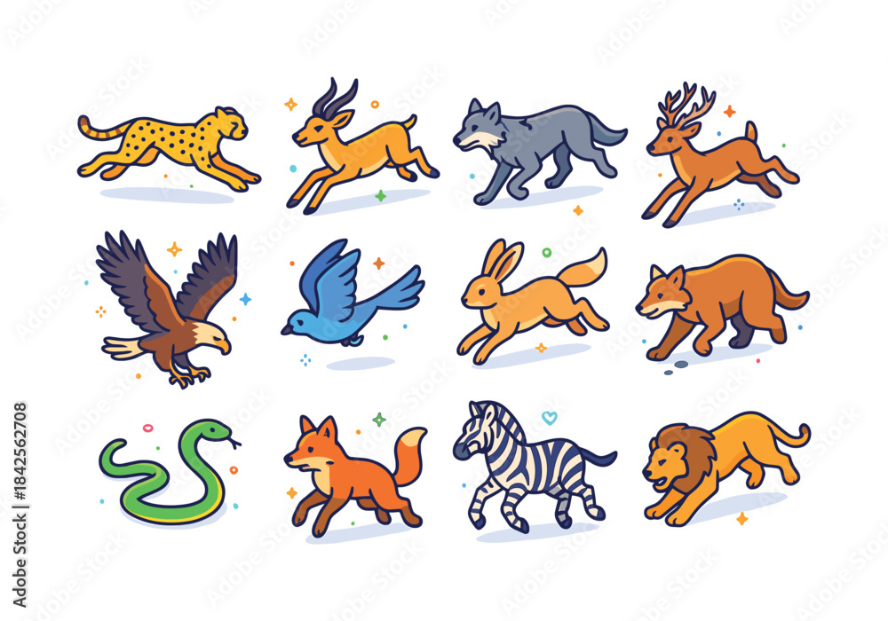 Obraz premium Wildlife Chase Icons. Wildlife chasing. Colorful isometric vecto