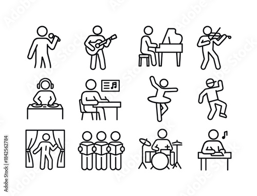 Music Performance Icons. Music and Performance. Line icon set of