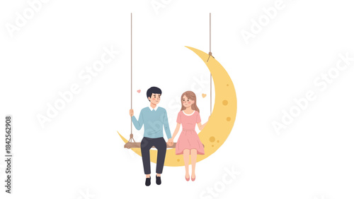 Moonlit Romance: A tender couple shares a sweet moment, swinging gently on a crescent moon, as a symbol of their eternal love and connection.