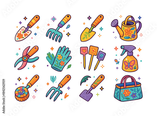 Colorful Gardening Icons. Decorative gardening tools. Colorful i