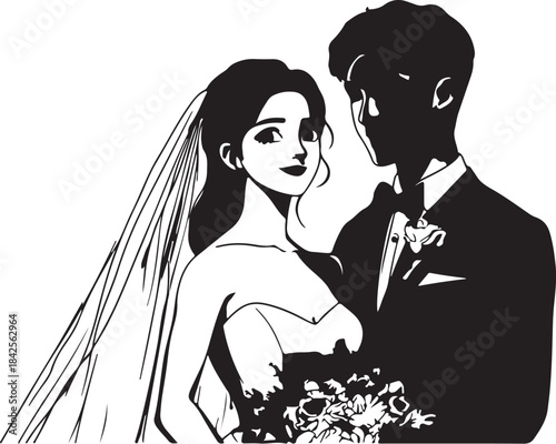 Silhouette vector illustration of a loving couple kissing at their wedding