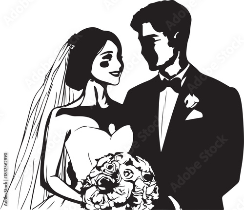 Black silhouette of a romantic married couple kissing in their wedding dress, an illustration of love and togetherness