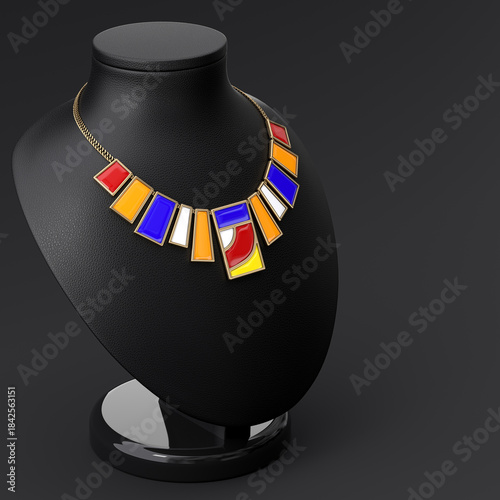 Photos An unusual bronze and enamel necklace on a leather stand in the shape of a bust