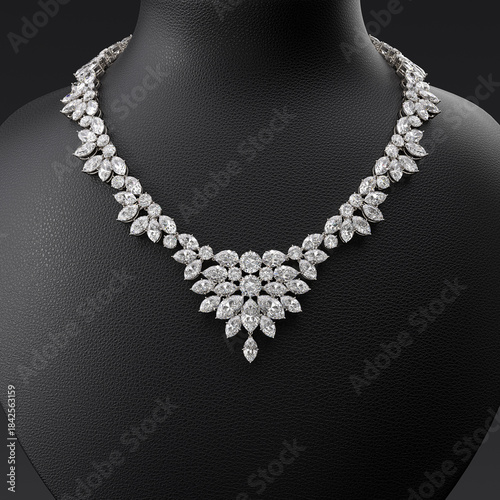 Luxurious diamond necklace on a leather bust stand. Close-up. Jewelry showcase. Frontal view. 3d rendering.