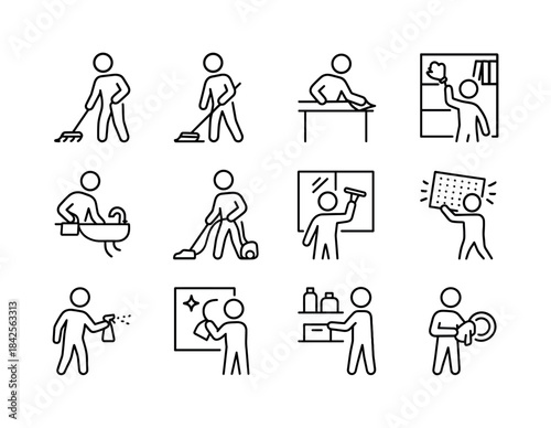 Home Cleaning Icons. Home cleaning actions. Line icon set of hom