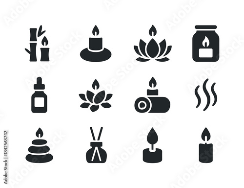 Black Spa Icons. Spa candles. Solid icon set of Spa candles: bam