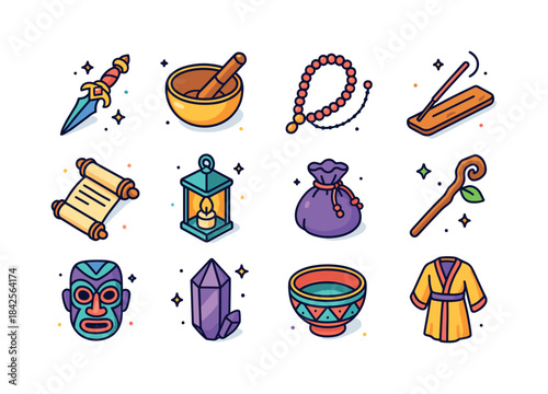 Spiritual Artifact Icons. Spiritual artifacts. Colorful isometri