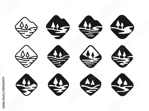 Flooded Valley Icons. Flooded Valley. Icon set. Set Logo of floo