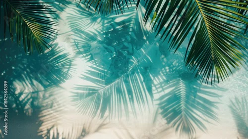 A tropical beach scene with palm tree shadows on the sand and a blue sky background. Perfect for travel or vacation-related content.