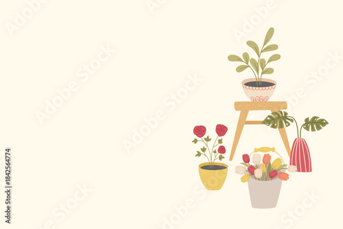 Spring houseplant illustration with potted flowers wooden stool and cozy indoor garden decor
