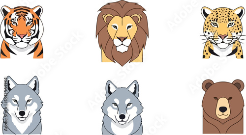 Collection of six stylized animal faces including tiger, lion, jaguar, wolves, and bear on a white background.