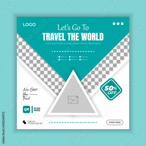 Traveling social media post banner template design, Tour travel holiday tourism marketing social media post