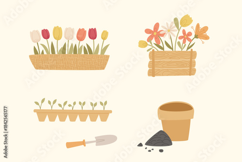 Spring gardening illustration set with flower boxes seedling tray plant pot soil and garden tools
