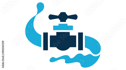 A stylized illustration of a water valve and flowing water, representing plumbing services and conservation