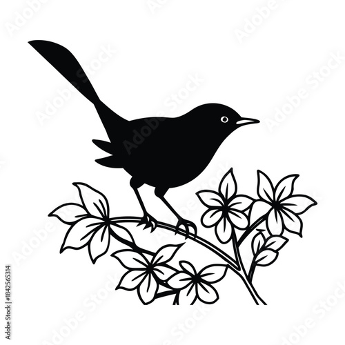 tailorbird silhouette hopping among flower