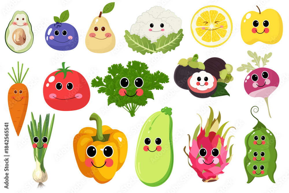 Naklejka premium A collection of cute fruits and vegetables with smiling faces, perfect for children's designs, healthy eating themes, or fun illustrations.