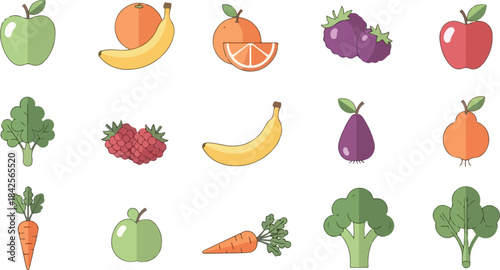 A collection of flat design illustrations of various fruits and vegetables including apples, bananas, oranges, berries, pears, carrots, broccoli, and leafy greens.