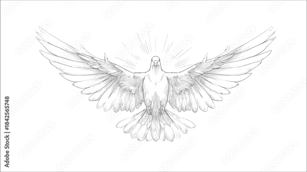 Obraz premium Detailed pencil drawing of a flying white dove with open wings and radiant light, symbolizing peace, freedom, and hope.