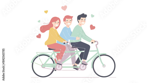 Joyful Ride: A group of three friends joyfully pedals a tandem bicycle, surrounded by floating hearts, celebrating camaraderie and shared adventure.