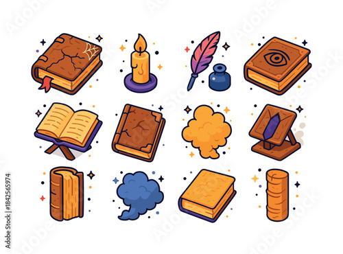 Isometric Book Icon Set. Dusty tome. Colorful isometric vector i