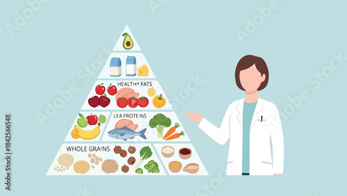 Female doctor explaining a healthy food pyramid with various food groups for balanced nutrition.