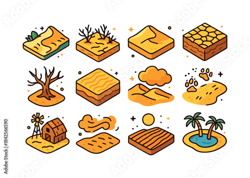 Desertification Icons Set. Desertification. Colorful isometric v