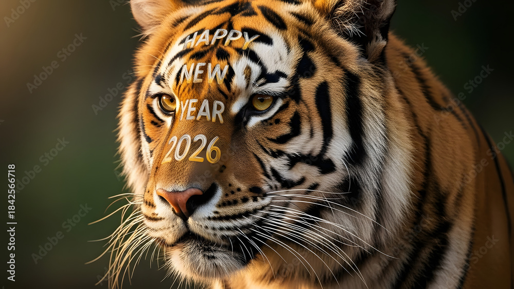 Fototapeta premium Majestic Tiger Portrait with Happy New Year 2026 Text