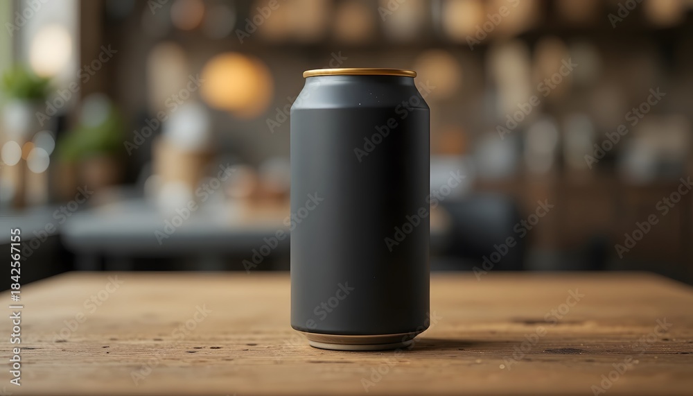 Fototapeta premium A sleek matte dark grey beverage can with golden accents stands on a rustic wooden table. 12 oz can mockup
