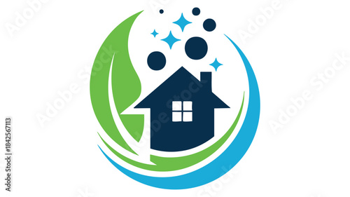 Eco-friendly home cleaning service logo with a stylized house and sparkling bubbles