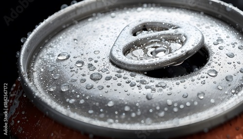 Refreshing cold beverage can with sparkling condensation on its metallic surface. 12 oz can mockup