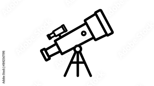 Simple clean line art icon depicting a modern telescope mounted on a tripod ready for stargazing exploration