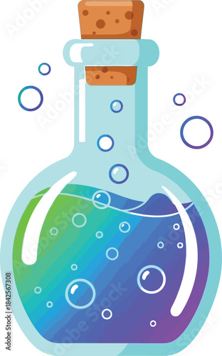 Cartoon glass potion bottle with bubbling colorful liquid sealed with a cork stopper on white background