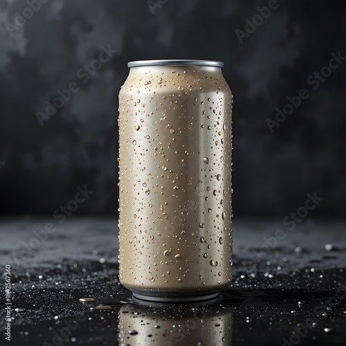 Golden beverage can covered in glistening water droplets on a dark reflective surface. 12 oz can mockup