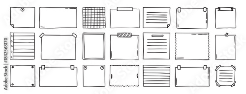 Notepad doodle messaging set, sticky note, hand drawn clipart for memo, reminder message office school label, stationery writing pad