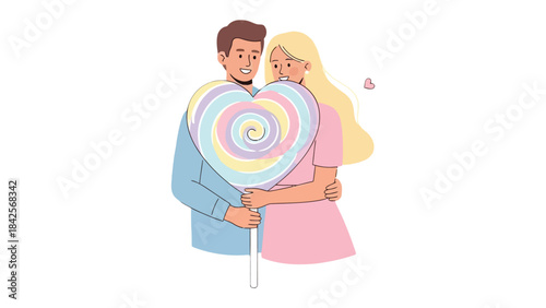 Sweethearts' Embrace: A tender moment as a couple shares a giant heart-shaped candy, symbolizing their sweet affection and connection. Capturing their tender embrace.